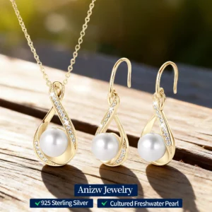 Moissanit Natürliche Süßwasserperlen Infinity Anhänger Halskette & Ohrringe Set für Damen 925 Sterling Silber Hochzeitsschmuck Set