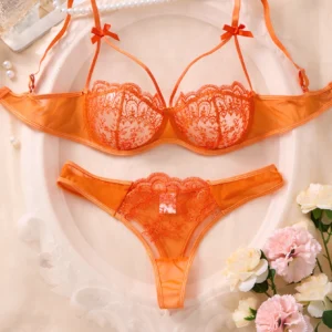 Sexy orangefarbenes Spitzen-Dessous-Set für Damen, Push-up-BH und Höschen-Set, Unterwäsche mit Schmetterlingsschleife, weibliche Dessous, Nachtwäsche ZA824057