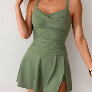 Solider Zweiteiliger Badeanzug 2026 Damen Geraffter Tankini Strandkleid Bademode Mit Shorts Damen Badeanzug Sommer