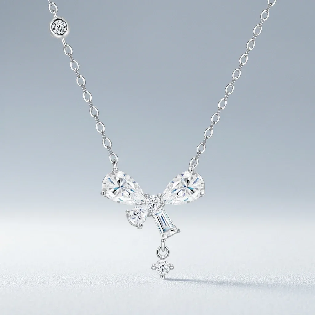 925 Sterling Silber Schleifenknoten Moissanit-Halskette Für Damen, Birnenförmiger D-Farbiger Vvs1 Labor-Diamant-Anhänger, Romantische Hochzeits-Schmuckstücke 925 Sterling Silber Schleifenknoten Moissanit-Halskette Für Damen, Birnenförmiger D-Farbiger Vvs1 Labor-Diamant-Anhänger, Romantische Hochzeits-Schmuckstücke - Image 4