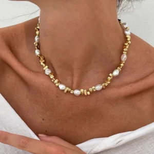 KunJoe Elegante Imitationsperlen-Halskette für Damen, Retro-Goldfarben, Acrylperlen, Schlüsselbeinkette, Partyschmuck für den Hals