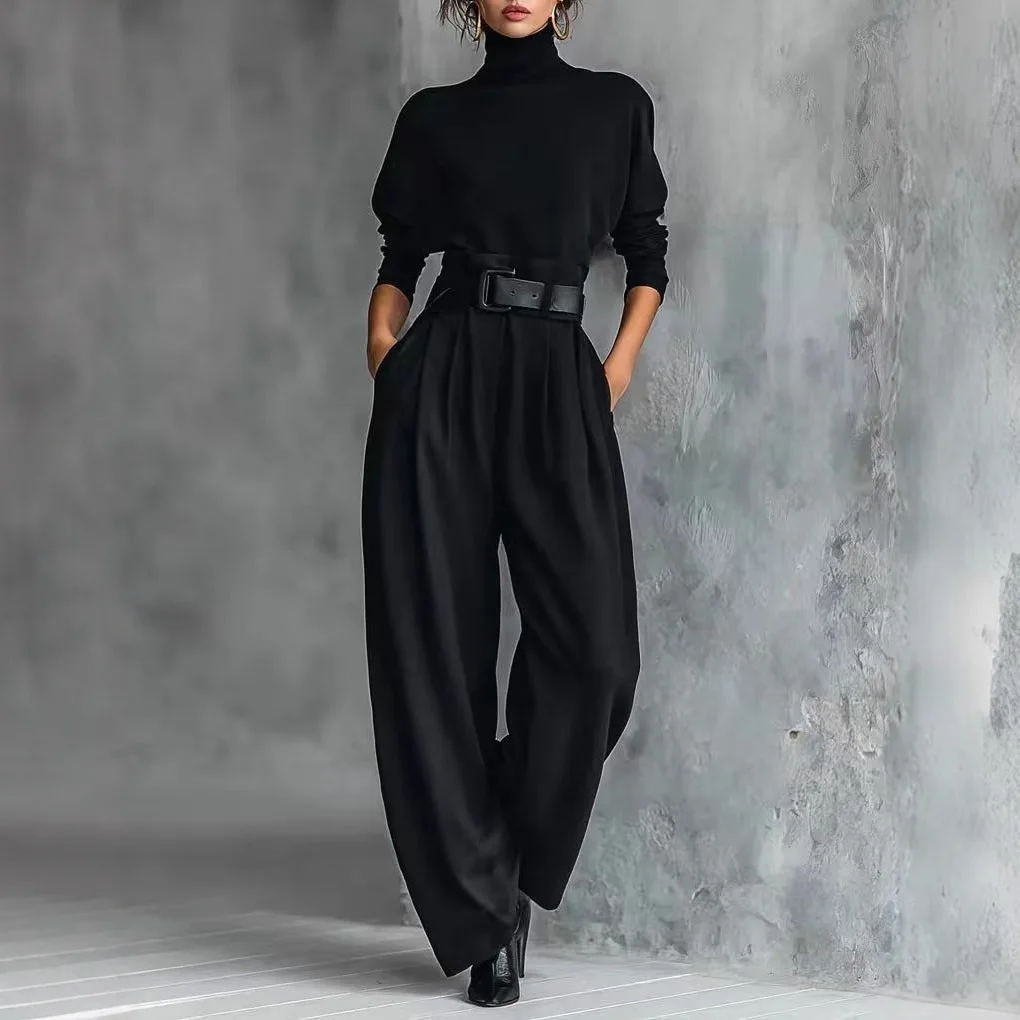 Damen High-Waist Wide-Leg Hosen-Set Frühling Herbst Mode Slim Fit Oberteil Und Gürtel 2-Teiliges Outfit Langarm Hochgeschlossenes Design Damen High-Waist Wide-Leg Hosen-Set Frühling Herbst Mode Slim Fit Oberteil Und Gürtel 2-Teiliges Outfit Langarm Hochgeschlossenes Design - Image 2