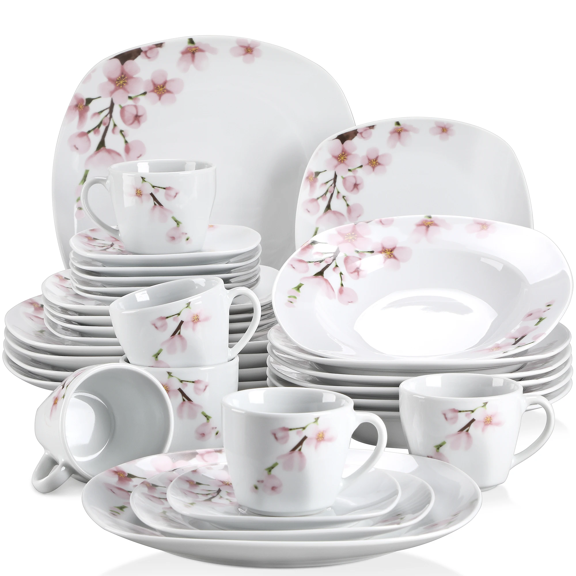 Veweet 30/60-Teiliges Teller-Set Aus Weißem Keramik-Rosa-Blumenporzellan Mit 6-Teiligem Speiseteller/Suppe/Dessert/Tassen/Tauchern Für 6–12 Personen Veweet 30/60-Teiliges Teller-Set Aus Weißem Keramik-Rosa-Blumenporzellan Mit 6-Teiligem Speiseteller/Suppe/Dessert/Tassen/Tauchern Für 6–12 Personen