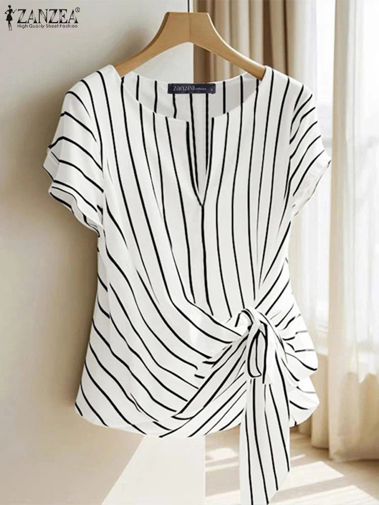 Mode Streifen Bluse 2025, Zanzea Sommer Frauen V-Ausschnitt Kurzarm Tops Elegante Arbeit Ol Hemd Beiläufige Lose Blusas Weibliche Chemise Mode Streifen Bluse 2025, Zanzea Sommer Frauen V-Ausschnitt Kurzarm Tops Elegante Arbeit Ol Hemd Beiläufige Lose Blusas Weibliche Chemise