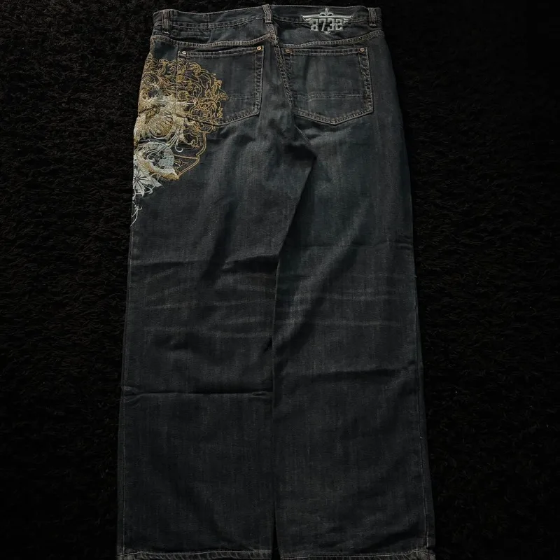 American New Fashion Oversize Pattern Embroidered Baggy Jeans Men Y2K Gothic Harajuku Hip Hop Straight High Waist Wide Leg Pants American New Fashion Oversize Pattern Embroidered Baggy Jeans Men Y2K Gothic Harajuku Hip Hop Straight High Waist Wide Leg Pants - Image 4