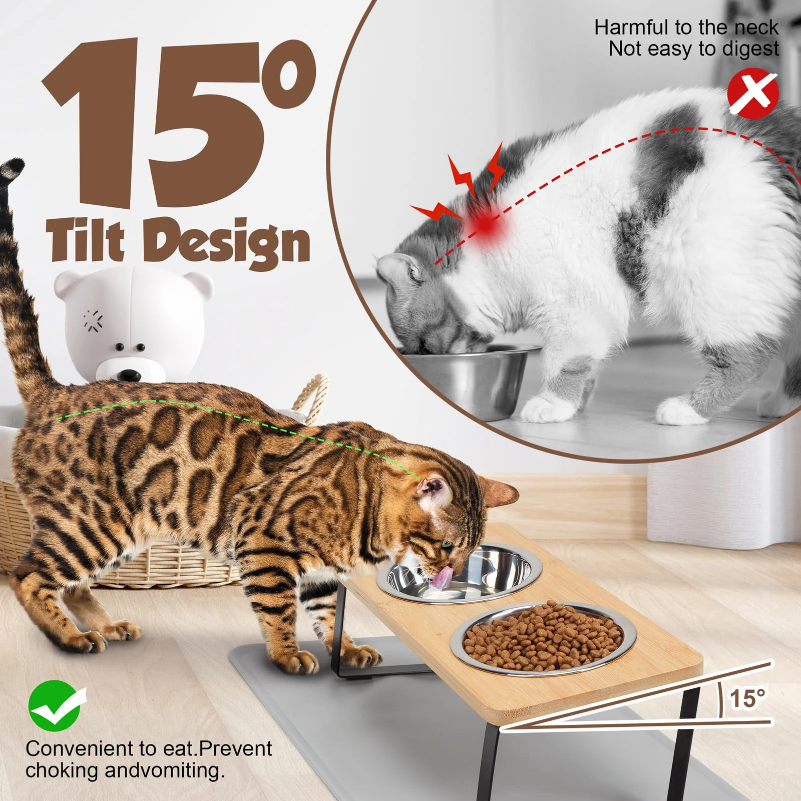 Elevated Cat Bowls With Food Mat 15° Tilted Stand Raised Cat Dishes For Food And Water Feeder 2 Stainless Steel Bowls For Cats Elevated Cat Bowls With Food Mat 15° Tilted Stand Raised Cat Dishes For Food And Water Feeder 2 Stainless Steel Bowls For Cats - Image 3