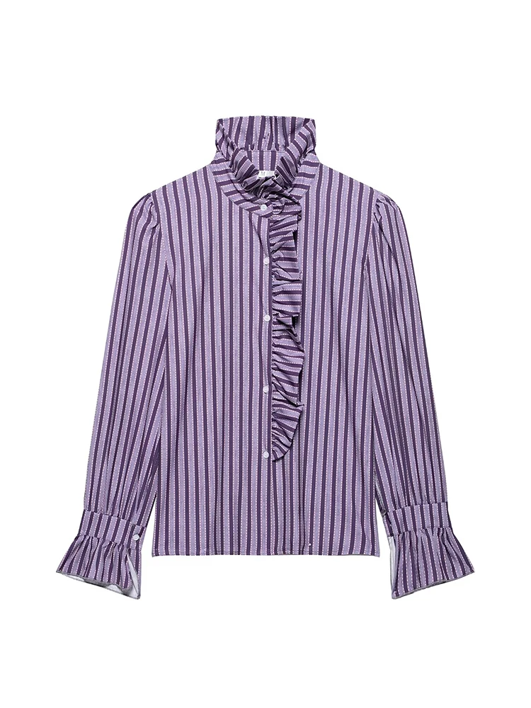 Süße Frauen Rüschen Plaid Lila Shirts 2025, Mode Damen Casual Stehkragen Blusen Für Party Weibliche Elegante Tops Kleidung Süße Frauen Rüschen Plaid Lila Shirts 2025, Mode Damen Casual Stehkragen Blusen Für Party Weibliche Elegante Tops Kleidung - Image 7