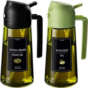 Olive Oil Dispenser,Sprayer for Cooking 2 in 1- Spray and Pour,Dark Green Glass Oil Bottlewith Stickers,16oz/470ml Oil Sprayer