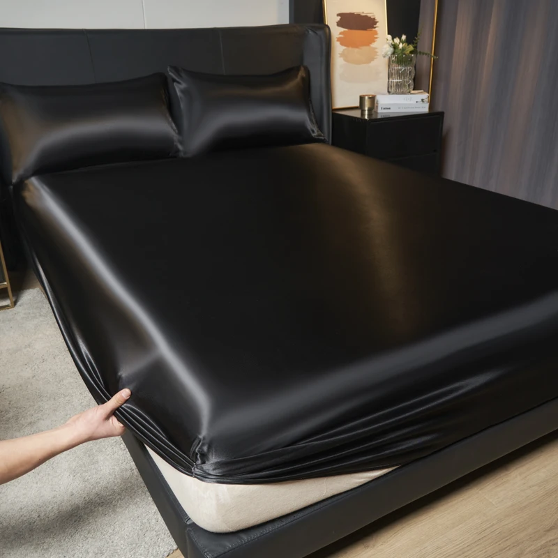 1/3Pc Satin Fitted Sheet Solid Colour Single Twin Full Queen King Ice Silk Mattress Cover Natural With Elastic Band Bed Sheet 1/3Pc Satin Fitted Sheet Solid Colour Single Twin Full Queen King Ice Silk Mattress Cover Natural With Elastic Band Bed Sheet - Image 4