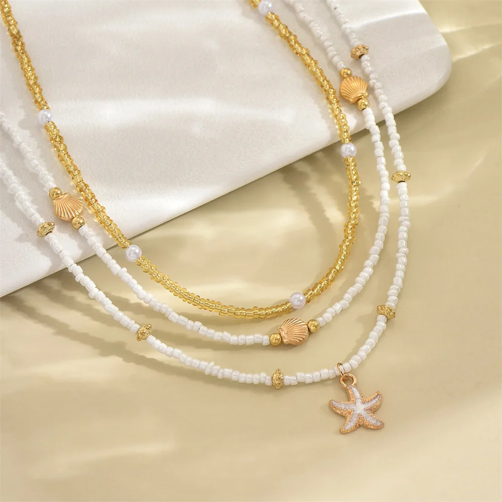 Summer Bead Stacked Choker Delicate Starfish Shell Pendant Necklace Women'S Bohemian Beach Party Vacation Jewelry Summer Bead Stacked Choker Delicate Starfish Shell Pendant Necklace Women'S Bohemian Beach Party Vacation Jewelry - Image 5