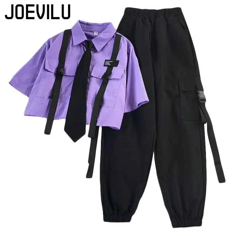 Sommer Hosen Anzug Frauen Koreanische Lose Krawatte Kurzarm Hemd Hohe Taille Gerade Bein Overalls 2-Teilige Sets Streetwear Outfits Sommer Hosen Anzug Frauen Koreanische Lose Krawatte Kurzarm Hemd Hohe Taille Gerade Bein Overalls 2-Teilige Sets Streetwear Outfits