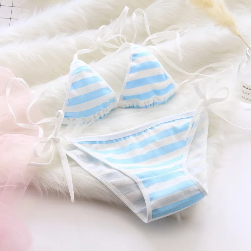 Blau-Weiß Gestreiftes Set Mit Schnürriemen Zweiteiliges Damen-Dessous-Set, Bh-Set, Sexy Blau-Weiß Gestreiftes Set Mit Schnürriemen Zweiteiliges Damen-Dessous-Set, Bh-Set, Sexy