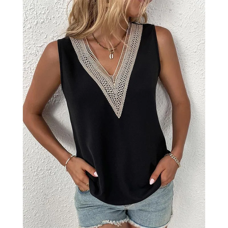 Ärmellose V-Ausschnitt Spitze Patchwork Bluse Frauen Lose Aushöhlen Sommer T Shirt Casual Streetwear Tsnk Top Ärmellose V-Ausschnitt Spitze Patchwork Bluse Frauen Lose Aushöhlen Sommer T Shirt Casual Streetwear Tsnk Top - Image 11