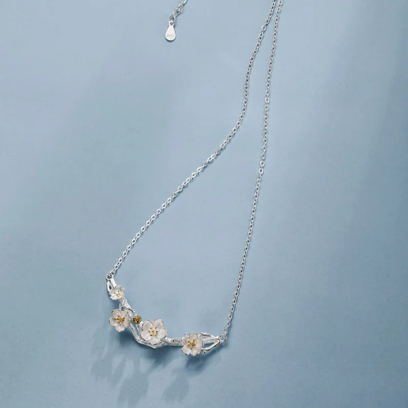 Silberhalsketten, Anhänger Und Halsketten Mit Pflaumenblütenmotiv, Schmuck, Colar De Plata Silberhalsketten, Anhänger Und Halsketten Mit Pflaumenblütenmotiv, Schmuck, Colar De Plata - Image 2