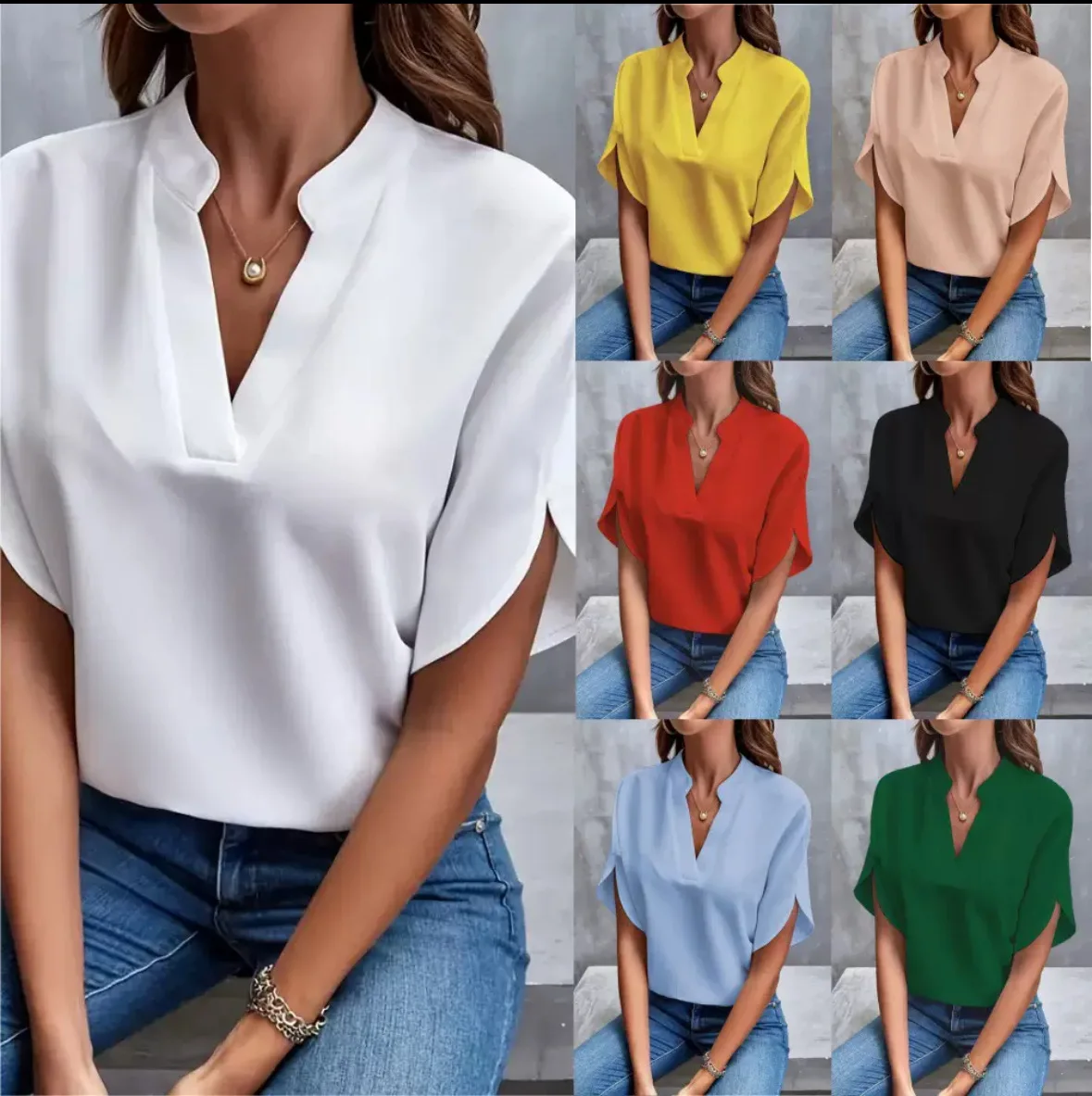 Veitche Sommer Frauen Casual Solide Bluse Frauen Mode V-Ausschnitt Halbe Hülse Shirts Büro Elegante Pullover Lose Blusas Tops Veitche Sommer Frauen Casual Solide Bluse Frauen Mode V-Ausschnitt Halbe Hülse Shirts Büro Elegante Pullover Lose Blusas Tops - Image 2