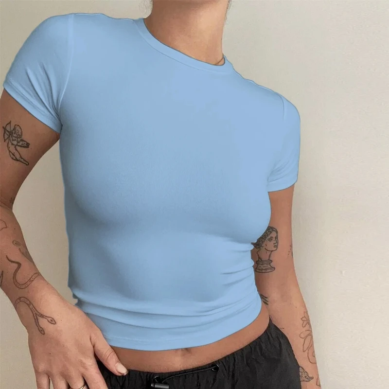 Frau Kleidung Kurzarm T-Shirt Slim Fit Tops Weibliche Oansatz Gestrickte Mantel T-Shirt Straße Tragen Sex Sportliche 2024 Y2K New2410 Frau Kleidung Kurzarm T-Shirt Slim Fit Tops Weibliche Oansatz Gestrickte Mantel T-Shirt Straße Tragen Sex Sportliche 2024 Y2K New2410 - Image 3