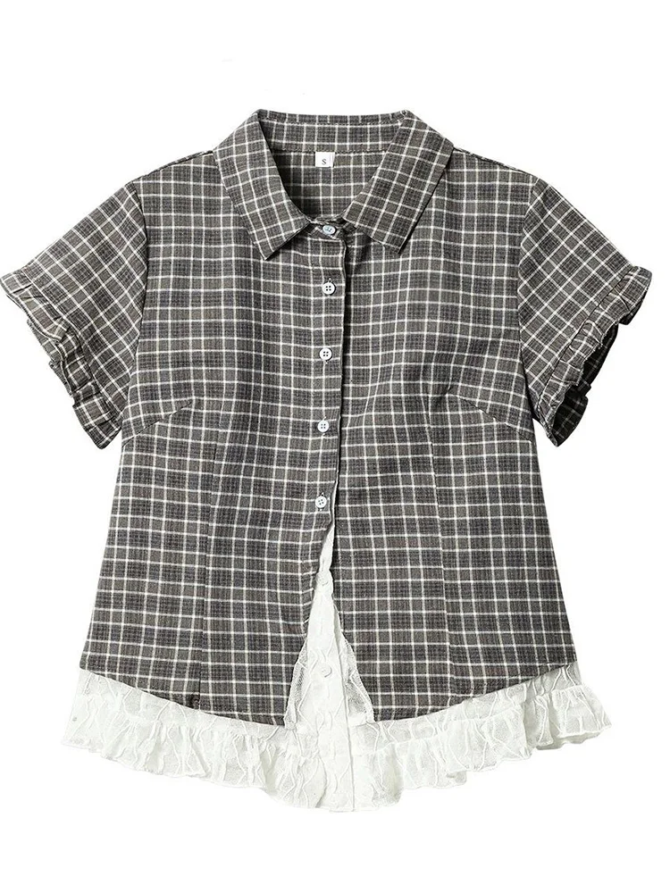 Spitzen-Patchwork Kariertes Hemd Damen Sommer Süße Kurzarm Vintage Bluse Schlanke Süße Retro Japan Kawaii Weibliche Niedliche Lässige Oberteile Spitzen-Patchwork Kariertes Hemd Damen Sommer Süße Kurzarm Vintage Bluse Schlanke Süße Retro Japan Kawaii Weibliche Niedliche Lässige Oberteile - Image 5
