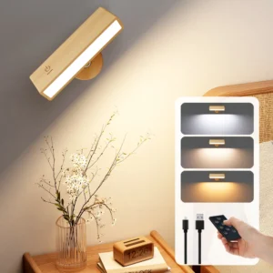LED-Wandleuchten mit Fernbedienung, 3 Farben, Massivholz-Wandleseleuchte, Typ C, wiederaufladbare Nachttischlampe, Spiegellampe, 360 drehbar