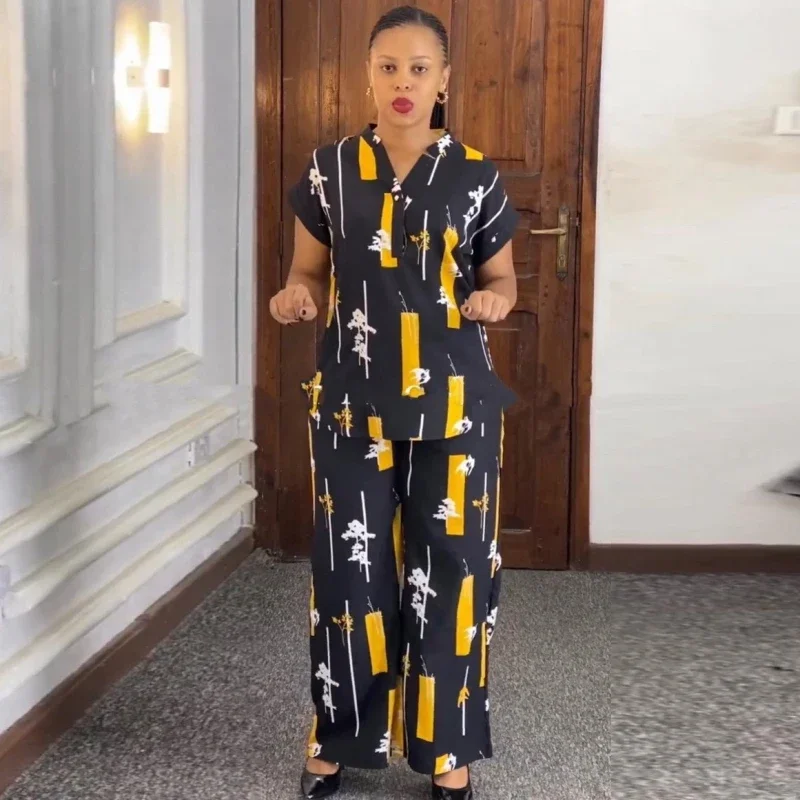 Afrikanische Mode Hosen Set Frauen Bluse Gerade Hosen Zwei Stück Set Frau Hemd Trainingsanzug Set Sommer Top Passenden Sets Afrikanische Mode Hosen Set Frauen Bluse Gerade Hosen Zwei Stück Set Frau Hemd Trainingsanzug Set Sommer Top Passenden Sets - Image 2