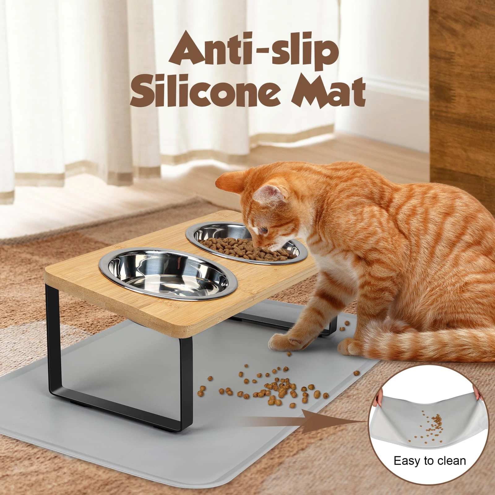 Elevated Cat Bowls With Food Mat 15° Tilted Stand Raised Cat Dishes For Food And Water Feeder 2 Stainless Steel Bowls For Cats Elevated Cat Bowls With Food Mat 15° Tilted Stand Raised Cat Dishes For Food And Water Feeder 2 Stainless Steel Bowls For Cats - Image 2