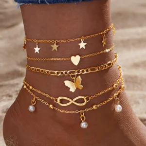 5 Stück Boho Sommer Strand 8 Unendlicher Charm Fußkettchen Set Damen Kette am Bein Perle Schmetterling Stern Herz Anhänger Fußkettchen Vintage-Schmuck