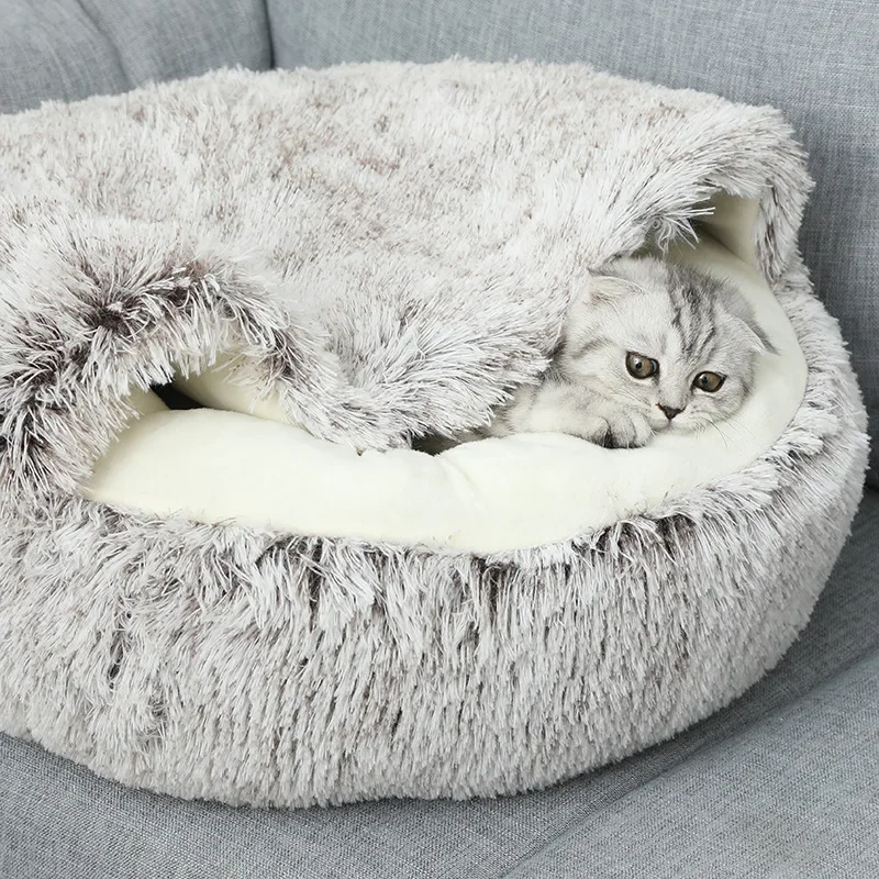 Winterwarmes Plüsch-Haustierbett – Halbgeschlossenes Katzennest Warmes Katzenbett
