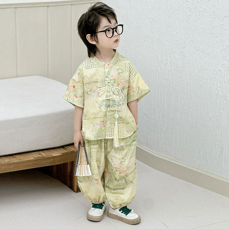 Fashion Baby Tang Costume Tops Pants Two-Piece Set Boy Outfit Casual Children'S Sets Summer Tweens Boys Hanfu Suit Kids Clothing Fashion Baby Tang Costume Tops Pants Two-Piece Set Boy Outfit Casual Children'S Sets Summer Tweens Boys Hanfu Suit Kids Clothing