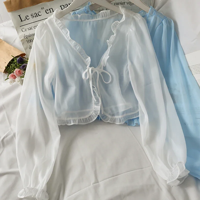 Frauen Sommer Sonnenschutz Mantel Spitze Bogen Rüschen Strickjacke Hemd Weibliche Bluse Tops Für Frau Abdeckungen Blusa Weiß Y2K Koreanische Hemd Frauen Sommer Sonnenschutz Mantel Spitze Bogen Rüschen Strickjacke Hemd Weibliche Bluse Tops Für Frau Abdeckungen Blusa Weiß Y2K Koreanische Hemd - Image 3