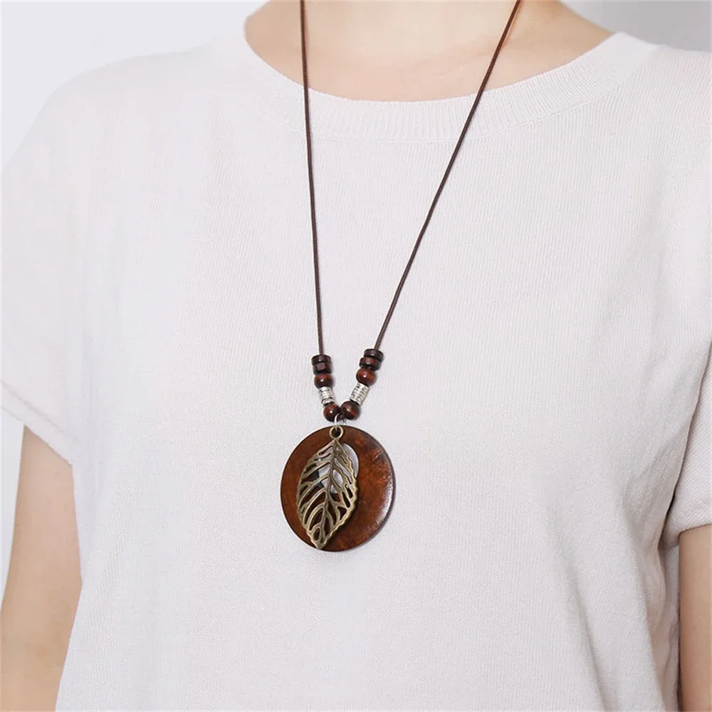 Vintage Folk Stil Holz Perlen Anhänger Halskette Für Frauen Choker Lange Wachs Gewinde Zink-Legierung Pullover Kleid Halskette Vintage Folk Stil Holz Perlen Anhänger Halskette Für Frauen Choker Lange Wachs Gewinde Zink-Legierung Pullover Kleid Halskette - Image 5