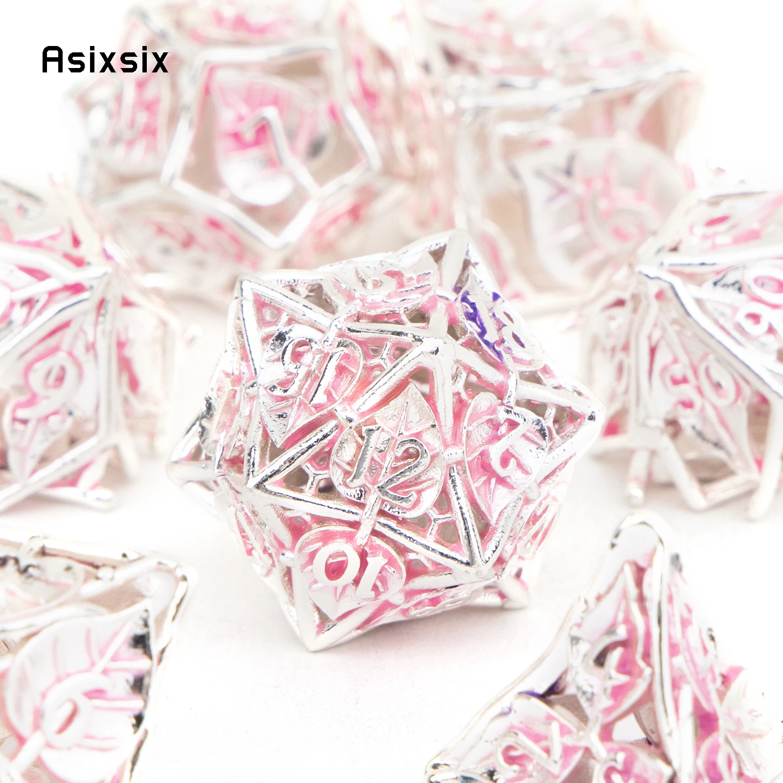 7 Pcs Pink Leaf Flower Metal Dice Hollow Metal Polyhedral Dice Set Suitable For Role-Playing Rpg Board Game Card Game 7 Pcs Pink Leaf Flower Metal Dice Hollow Metal Polyhedral Dice Set Suitable For Role-Playing Rpg Board Game Card Game - Image 5