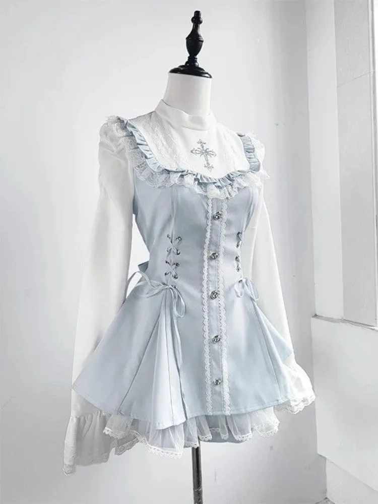 Frauen Kleidung Kleid Anzug Zwei Stück Sets Roupas Femme Lolita Stil Schlanke Taille Bogen Spitze Süße Kleider Outfits Japanische Nette Set Frauen Kleidung Kleid Anzug Zwei Stück Sets Roupas Femme Lolita Stil Schlanke Taille Bogen Spitze Süße Kleider Outfits Japanische Nette Set - Image 4