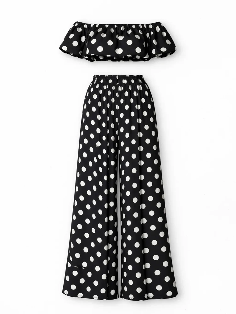 Zweiteiliges Set Mit Punktemuster Für Damen, Schulterfrei, Puffärmel, Bauchfreies Top, Elastische Taille, Plissierter Meerjungfrau-Maxirock, Lässiges Damen-Outfit Zweiteiliges Set Mit Punktemuster Für Damen, Schulterfrei, Puffärmel, Bauchfreies Top, Elastische Taille, Plissierter Meerjungfrau-Maxirock, Lässiges Damen-Outfit - Image 3