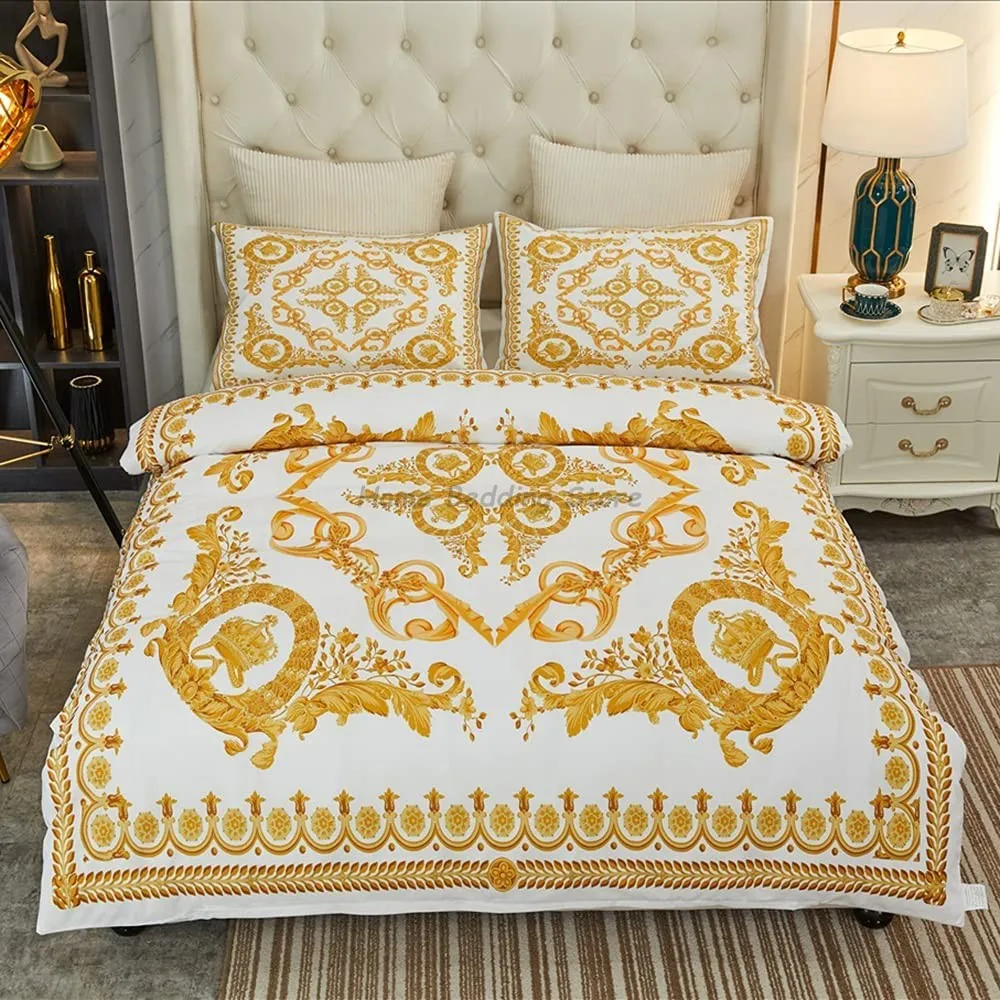 Luxus Golden Modern Style Digitaldruck Baumwollstoff Bettwäsche Set Bettbezug Leinen Spannbetttuch Kissenbezüge Heimtextilien Luxus Golden Modern Style Digitaldruck Baumwollstoff Bettwäsche Set Bettbezug Leinen Spannbetttuch Kissenbezüge Heimtextilien