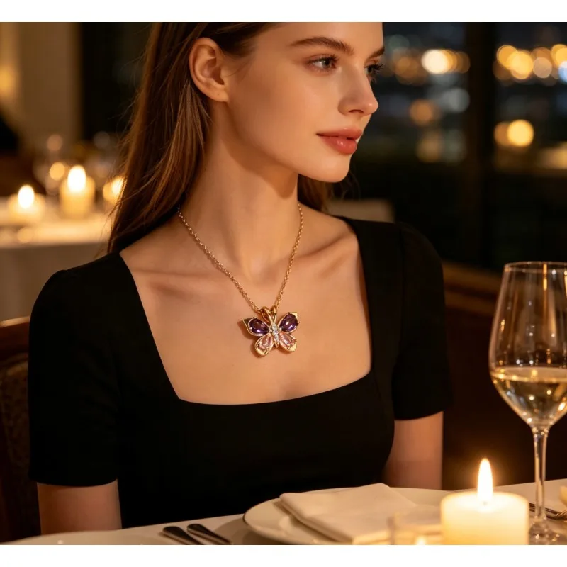 Elegante Schmetterlings-Anhänger-Halskette Mit Eingelegtem Lila-Rosa Zirkon-Kristall, Zierliche Schlüsselbeinkette, Modische Accessoires Für Den Täglichen Gebrauch Von Frauen Elegante Schmetterlings-Anhänger-Halskette Mit Eingelegtem Lila-Rosa Zirkon-Kristall, Zierliche Schlüsselbeinkette, Modische Accessoires Für Den Täglichen Gebrauch Von Frauen