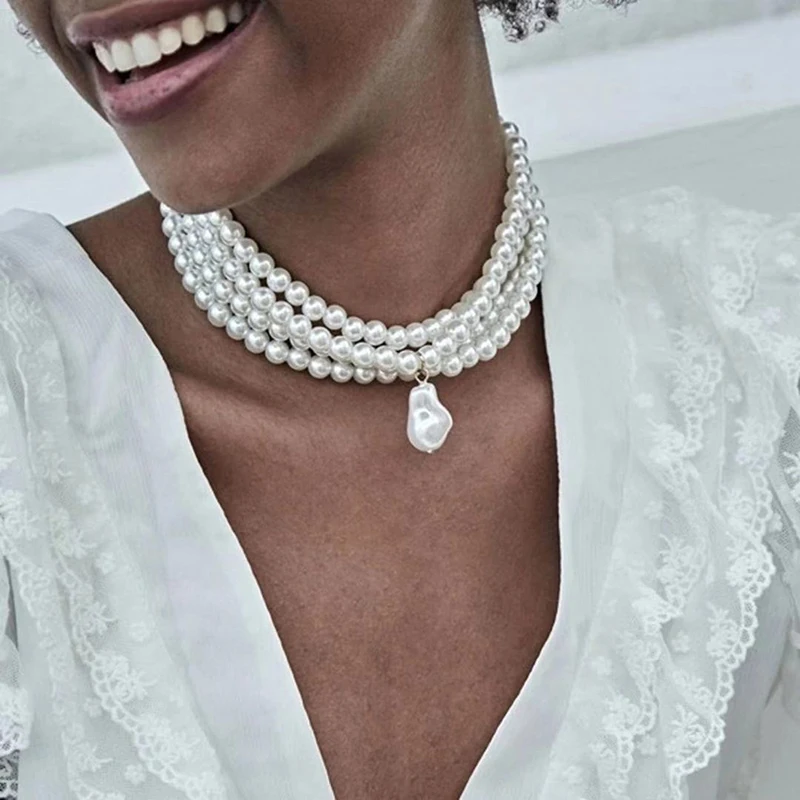Klassische Geschichtete Strang Runde Perlen Perlen Kragen Halsband Halskette Für Frauen Unregelmäßige Barocke Perle Anhänger Hochzeit Halskette Geschenk Klassische Geschichtete Strang Runde Perlen Perlen Kragen Halsband Halskette Für Frauen Unregelmäßige Barocke Perle Anhänger Hochzeit Halskette Geschenk - Image 4