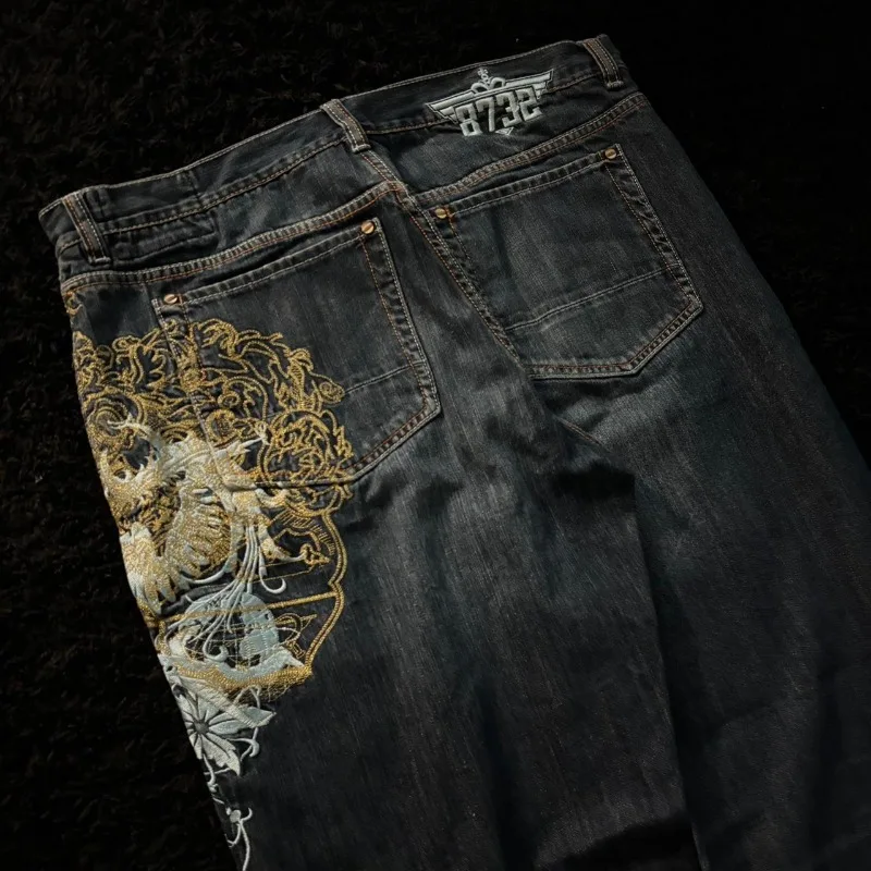 American New Fashion Oversize Pattern Embroidered Baggy Jeans Men Y2K Gothic Harajuku Hip Hop Straight High Waist Wide Leg Pants American New Fashion Oversize Pattern Embroidered Baggy Jeans Men Y2K Gothic Harajuku Hip Hop Straight High Waist Wide Leg Pants