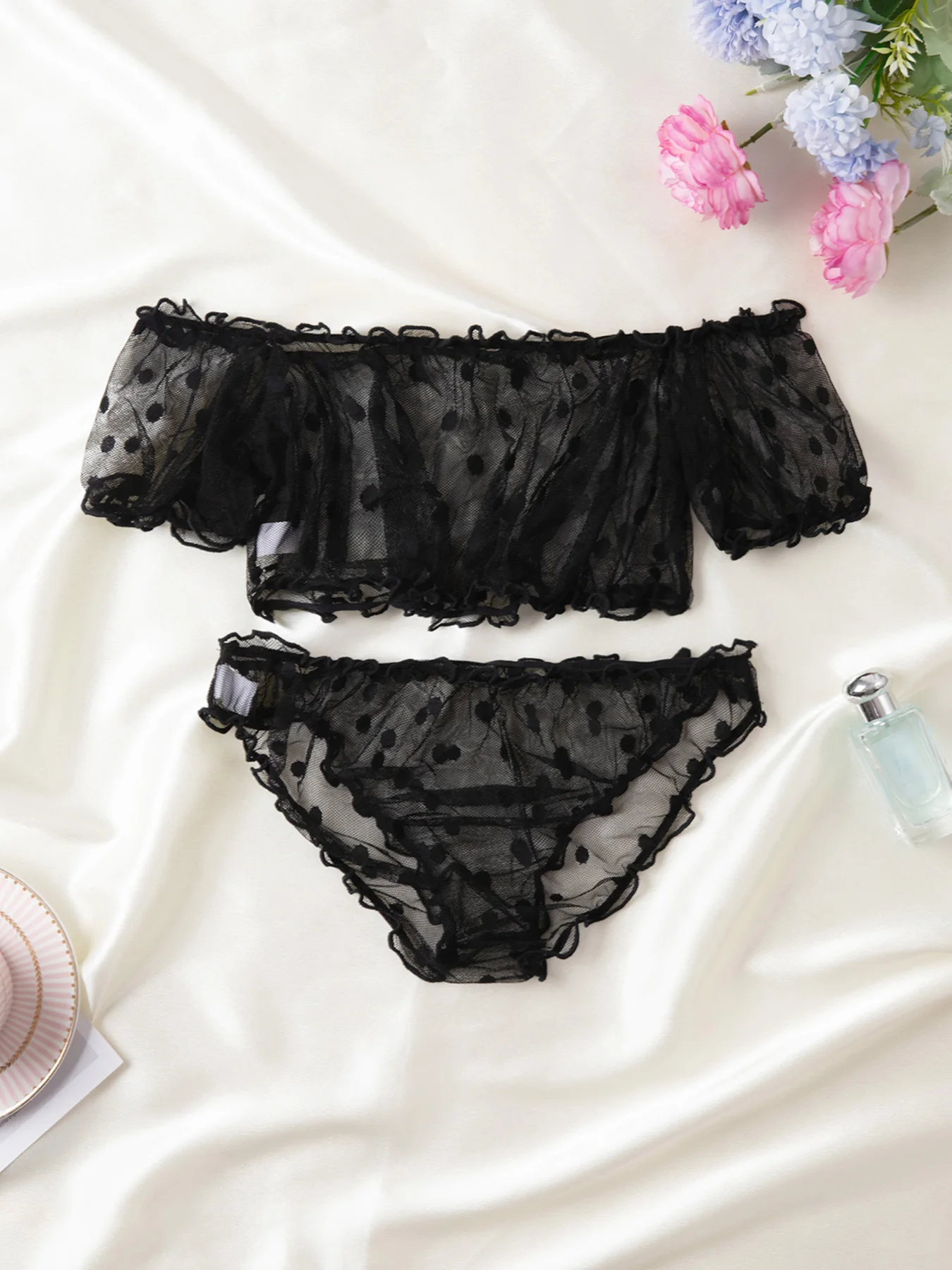Sexy Frauen Unterwäsche Spitze Punkte Draht Freies Dessous Set Off-Schulter Kleine Brust Bralette + Tanga Beachwear Transparent Mesh Bh Set Sexy Frauen Unterwäsche Spitze Punkte Draht Freies Dessous Set Off-Schulter Kleine Brust Bralette + Tanga Beachwear Transparent Mesh Bh Set - Image 2