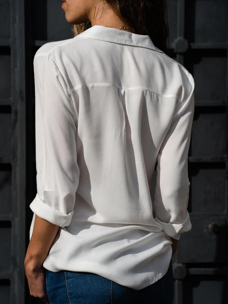Frauen Casual Langarm Chiffon Bluse Elegante Revers Lose Hemd Frühling Sommer Solide Büro Dame Tuniken Streetwear Oversize Top Frauen Casual Langarm Chiffon Bluse Elegante Revers Lose Hemd Frühling Sommer Solide Büro Dame Tuniken Streetwear Oversize Top - Image 2