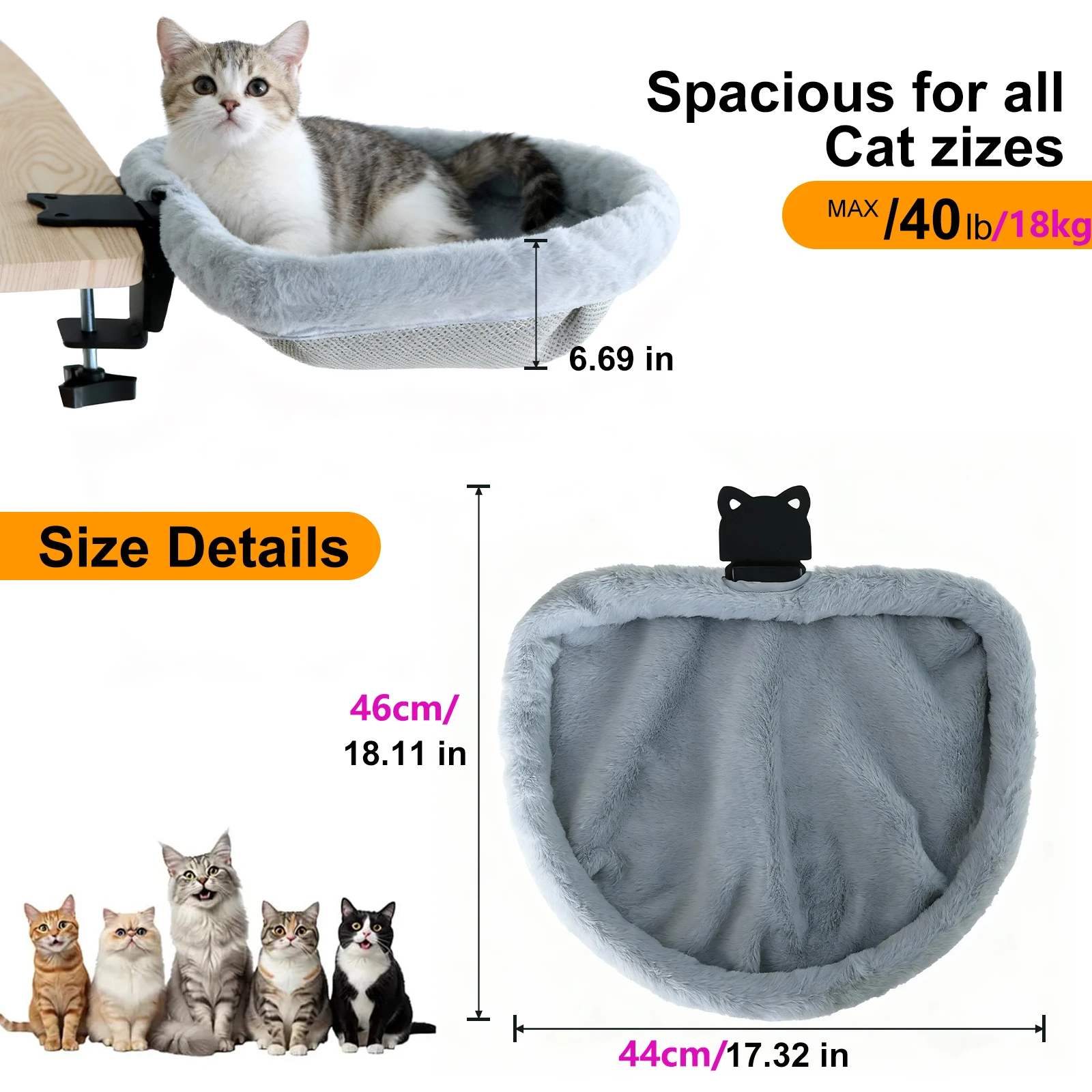 Cat Desk Bed One-Click Folding Sunken Design Space-Saving Semi-Circular Cat Desk Hammock Perch For Home Office Indoor Cats Cat Desk Bed One-Click Folding Sunken Design Space-Saving Semi-Circular Cat Desk Hammock Perch For Home Office Indoor Cats - Image 6
