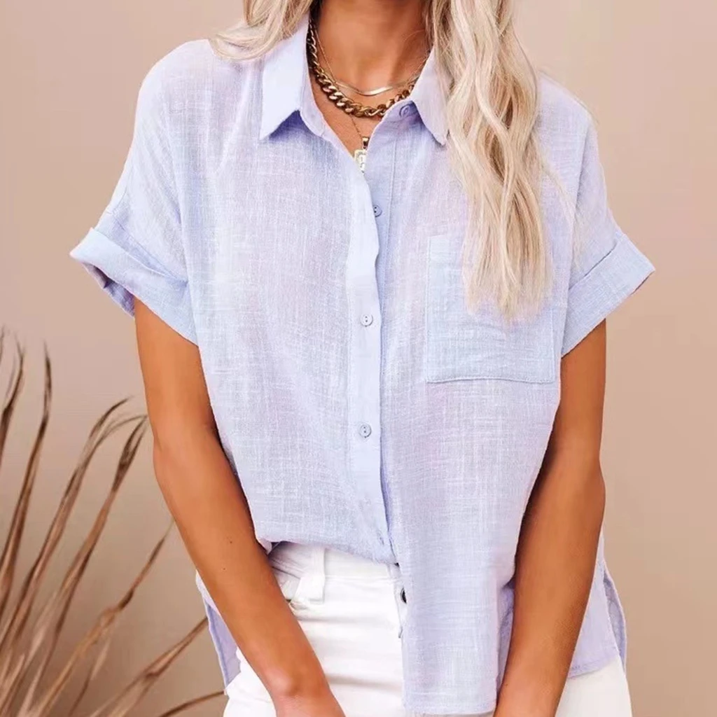 Elegantes Sommer-Oberteil Für Damen Aus Baumwolle Und Leinen, Kurzärmelig, Revers, Knopfleiste, Einfarbiges Hemd Mit Einer Tasche, Lässig Elegantes Sommer-Oberteil Für Damen Aus Baumwolle Und Leinen, Kurzärmelig, Revers, Knopfleiste, Einfarbiges Hemd Mit Einer Tasche, Lässig - Image 3