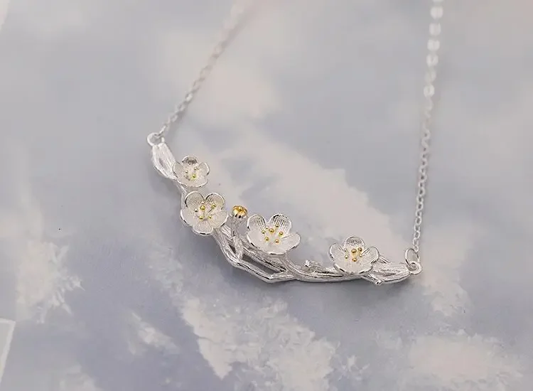 Silberhalsketten, Anhänger Und Halsketten Mit Pflaumenblütenmotiv, Schmuck, Colar De Plata Silberhalsketten, Anhänger Und Halsketten Mit Pflaumenblütenmotiv, Schmuck, Colar De Plata - Image 11