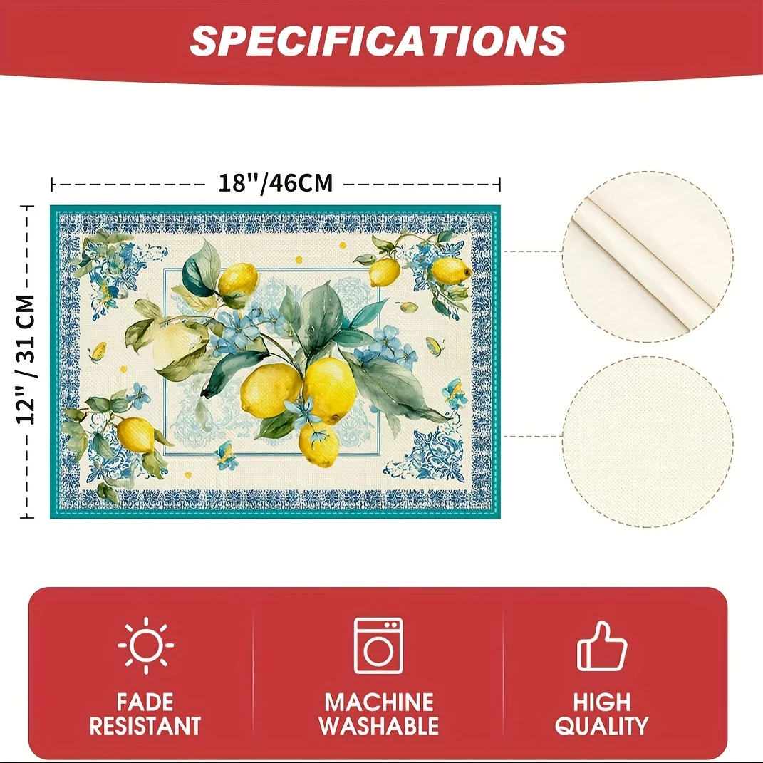 4-Teiliges Set Tischsets Mit Zitronen- Und Blumenmuster – Waschbare Polyester-Tischsets Mit Vintage-Rand, Für Esszimmer Und Küche 4-Teiliges Set Tischsets Mit Zitronen- Und Blumenmuster – Waschbare Polyester-Tischsets Mit Vintage-Rand, Für Esszimmer Und Küche - Image 2