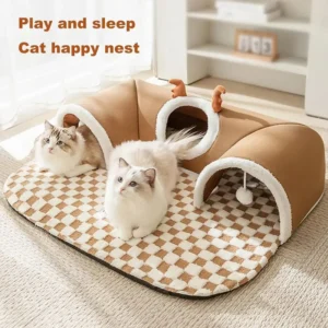 Warmes Plüsch-Katzenbett für den Winter und den Innenbereich mit Rentier-Optik, Versteckspiel, Katzentunnel, Spielen und Schlafen, integriertes Katzenhaus, Haustiernest