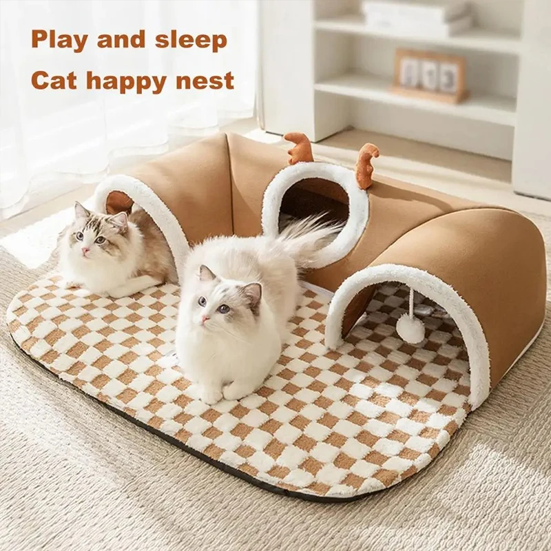 Warmes Plüsch-Katzenbett Für Den Winter Und Den Innenbereich Mit Rentier-Optik, Versteckspiel, Katzentunnel, Spielen Und Schlafen, Integriertes Katzenhaus, Haustiernest Warmes Plüsch-Katzenbett Für Den Winter Und Den Innenbereich Mit Rentier-Optik, Versteckspiel, Katzentunnel, Spielen Und Schlafen, Integriertes Katzenhaus, Haustiernest