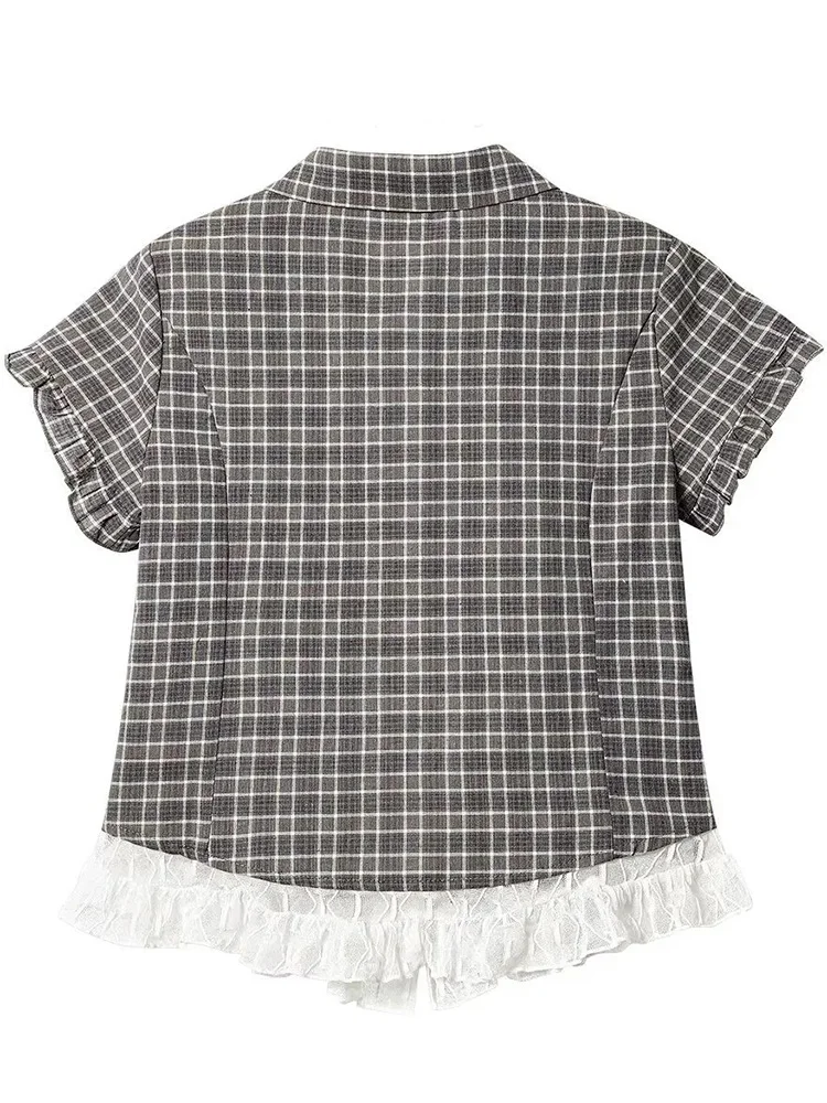 Spitzen-Patchwork Kariertes Hemd Damen Sommer Süße Kurzarm Vintage Bluse Schlanke Süße Retro Japan Kawaii Weibliche Niedliche Lässige Oberteile Spitzen-Patchwork Kariertes Hemd Damen Sommer Süße Kurzarm Vintage Bluse Schlanke Süße Retro Japan Kawaii Weibliche Niedliche Lässige Oberteile - Image 4