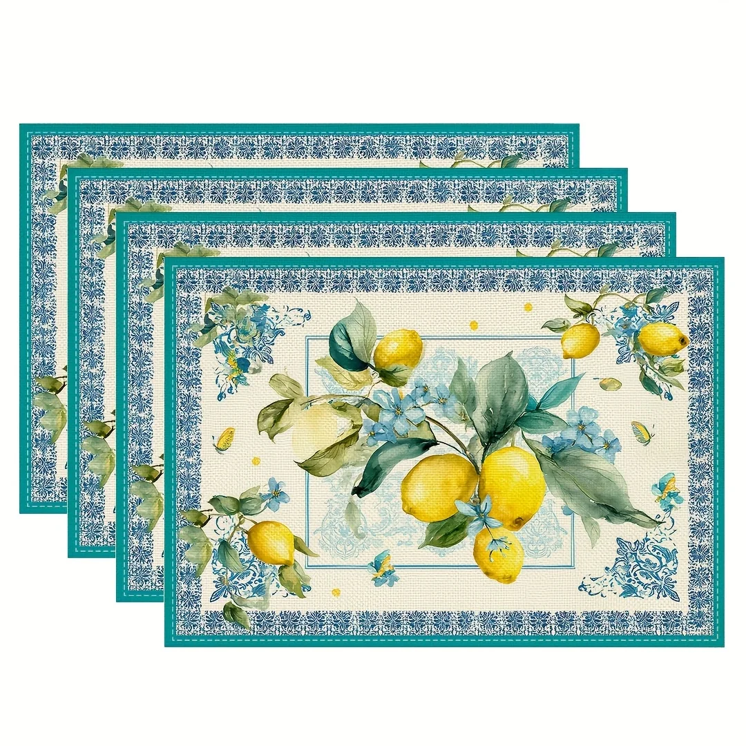 4-Teiliges Set Tischsets Mit Zitronen- Und Blumenmuster – Waschbare Polyester-Tischsets Mit Vintage-Rand, Für Esszimmer Und Küche 4-Teiliges Set Tischsets Mit Zitronen- Und Blumenmuster – Waschbare Polyester-Tischsets Mit Vintage-Rand, Für Esszimmer Und Küche