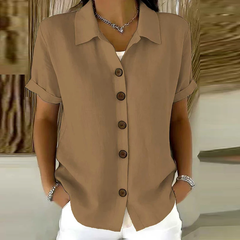 Elegante Damen-Sommerblusen Aus Baumwolle Und Leinen, Kurzarm, Reverskragen, Knopfleiste, Einfarbig, Lockeres Hemd, Lässige Damenbluse, Cardigan-Oberteile Elegante Damen-Sommerblusen Aus Baumwolle Und Leinen, Kurzarm, Reverskragen, Knopfleiste, Einfarbig, Lockeres Hemd, Lässige Damenbluse, Cardigan-Oberteile - Image 8
