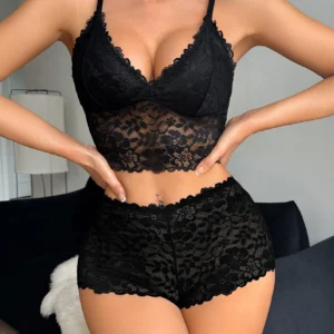 Damen-Unterwäscheset aus floraler Spitze, ausgeschnittener, drahtloser, sexy BH, ungefüttert, atmungsaktiv, heiße Lingerie, transparente Damenslips