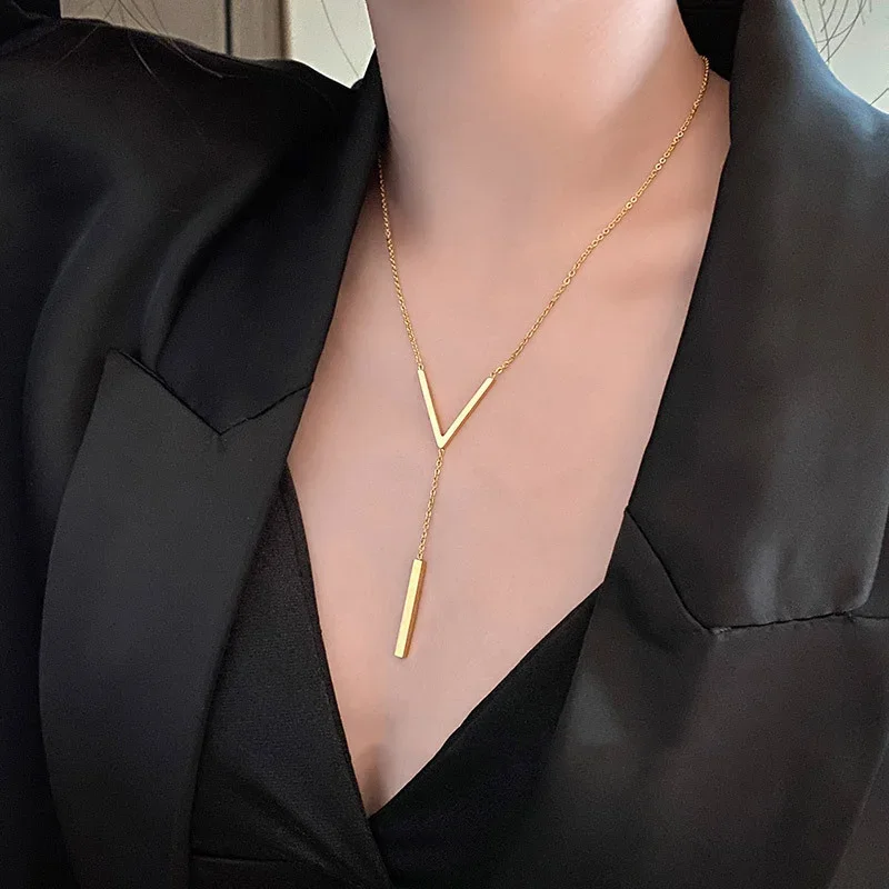 Simple V-Shaped Long Sexy Clavicle Necklace Gold Color Long Neck Chain Women Vertical Bar Pendant Necklace Party Jewelry Gifts Simple V-Shaped Long Sexy Clavicle Necklace Gold Color Long Neck Chain Women Vertical Bar Pendant Necklace Party Jewelry Gifts - Image 2
