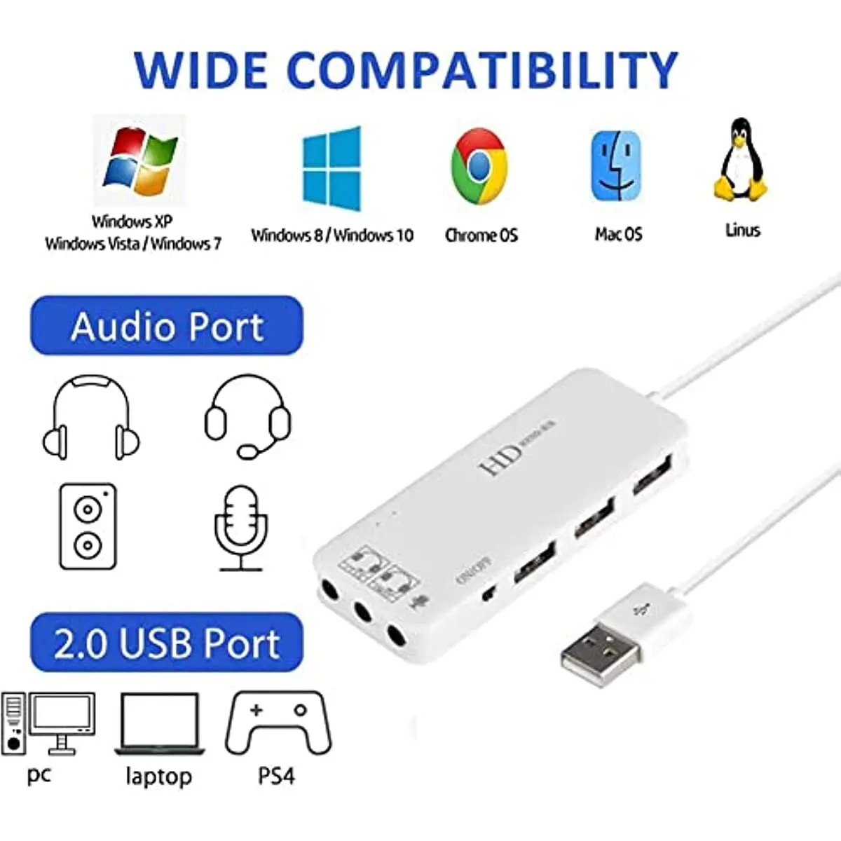 Usb 2.0 Hub Audioadapter Mit 3,5-Mm-Anschlüssen – Externe Stereo-Soundkarte Für Kopfhörer &Amp; Mikrofon, Windows, Linux, Laptop &Amp; Desktop-Pc Usb 2.0 Hub Audioadapter Mit 3,5-Mm-Anschlüssen – Externe Stereo-Soundkarte Für Kopfhörer &Amp; Mikrofon, Windows, Linux, Laptop &Amp; Desktop-Pc - Image 3